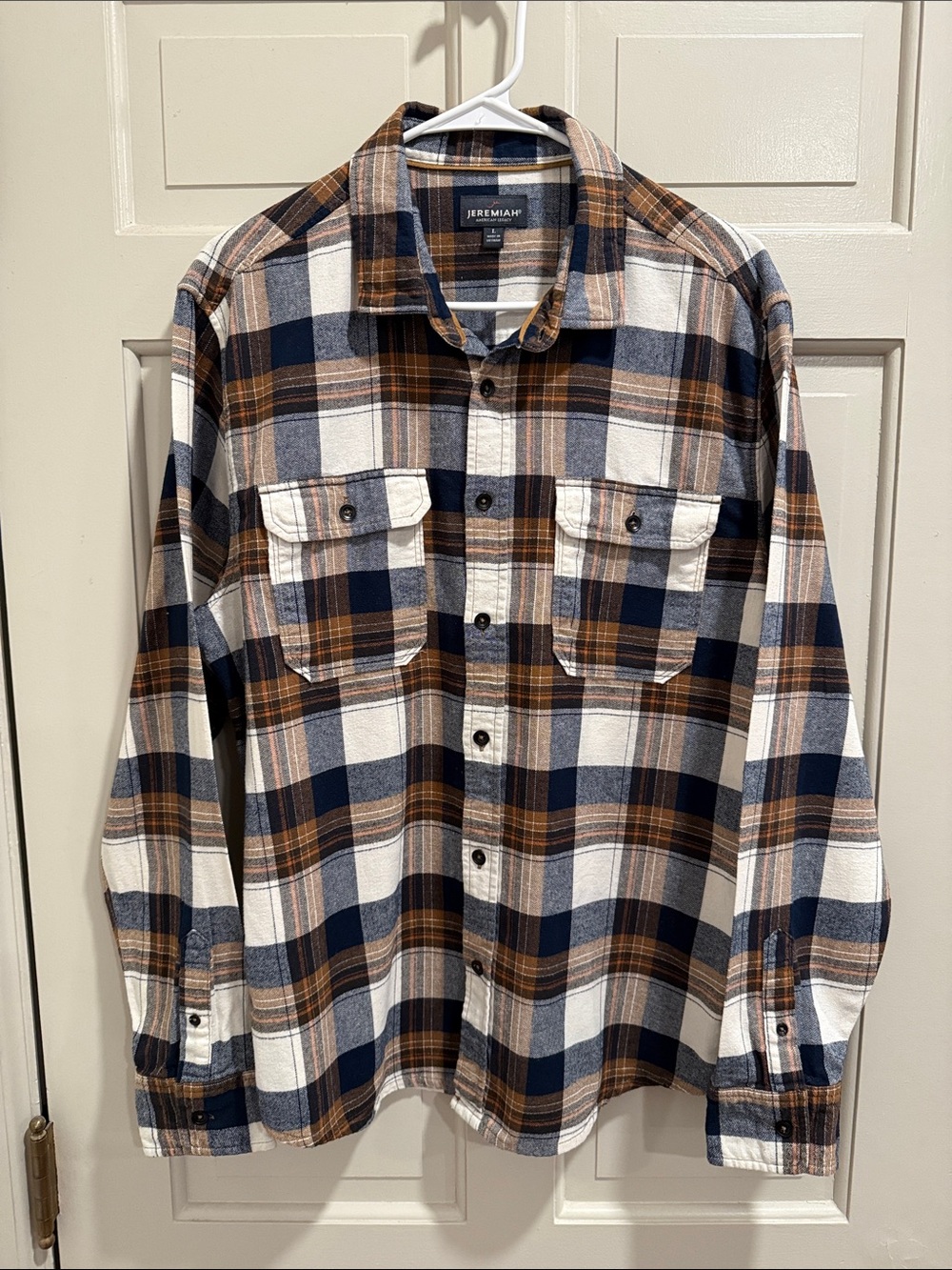 Jeremiah American Legacy Flannel Navy/Brown/White Plaid Button-Up Shirt Sz Large